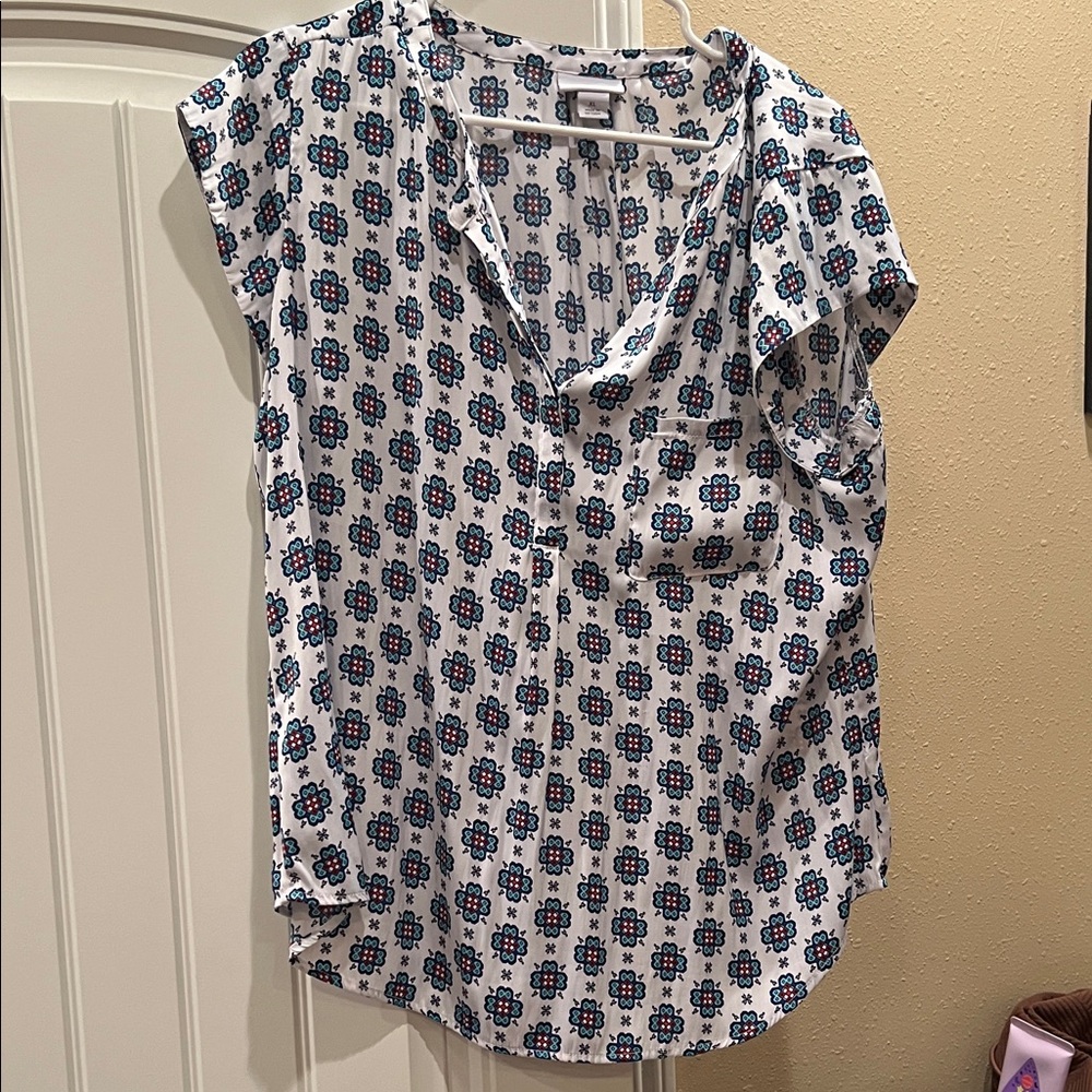 Liz Claiborne White Blouse with Blue and Red Floral Pattern